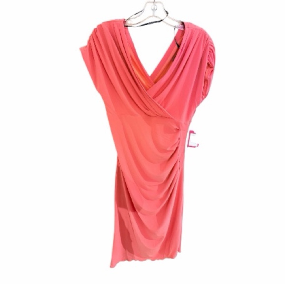 Vince Camuto Short Sleeve Ruched V-Neck Midi Dress, Coral